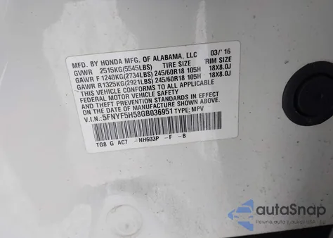 2016 Honda Pilot Ex-L z USA, uszkodzony, nr VIN 5FNYF5H58GB036951